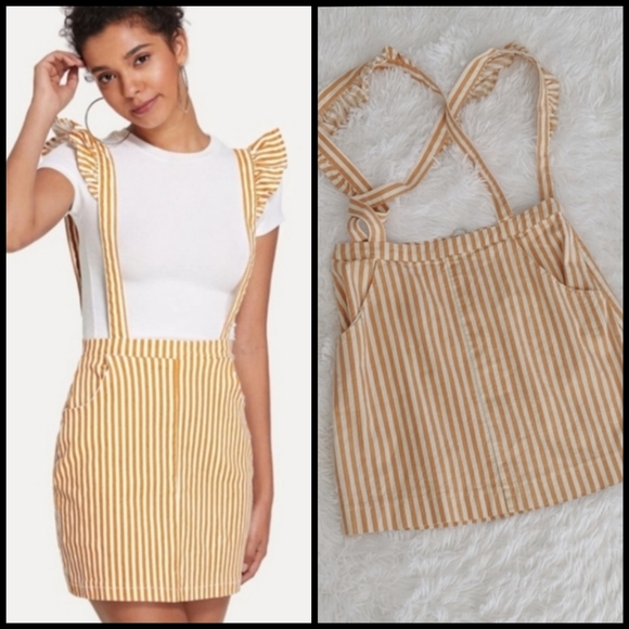 Urban Outfitters Dresses & Skirts - ⭐ Urban Outfitters Stripe Ruffle Mustard Overalls Dress Medium